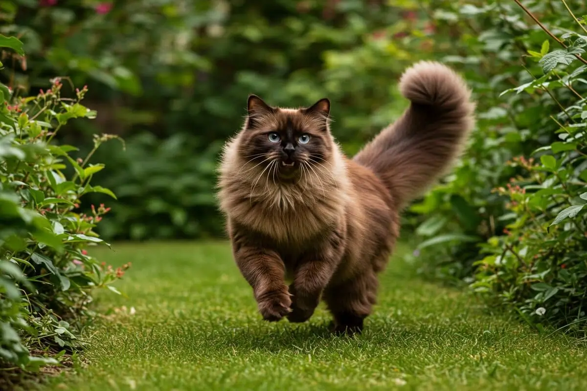 Brown Ragdoll Cat with a fully dark brown coat, displaying its fluffy fur and blue eyes.