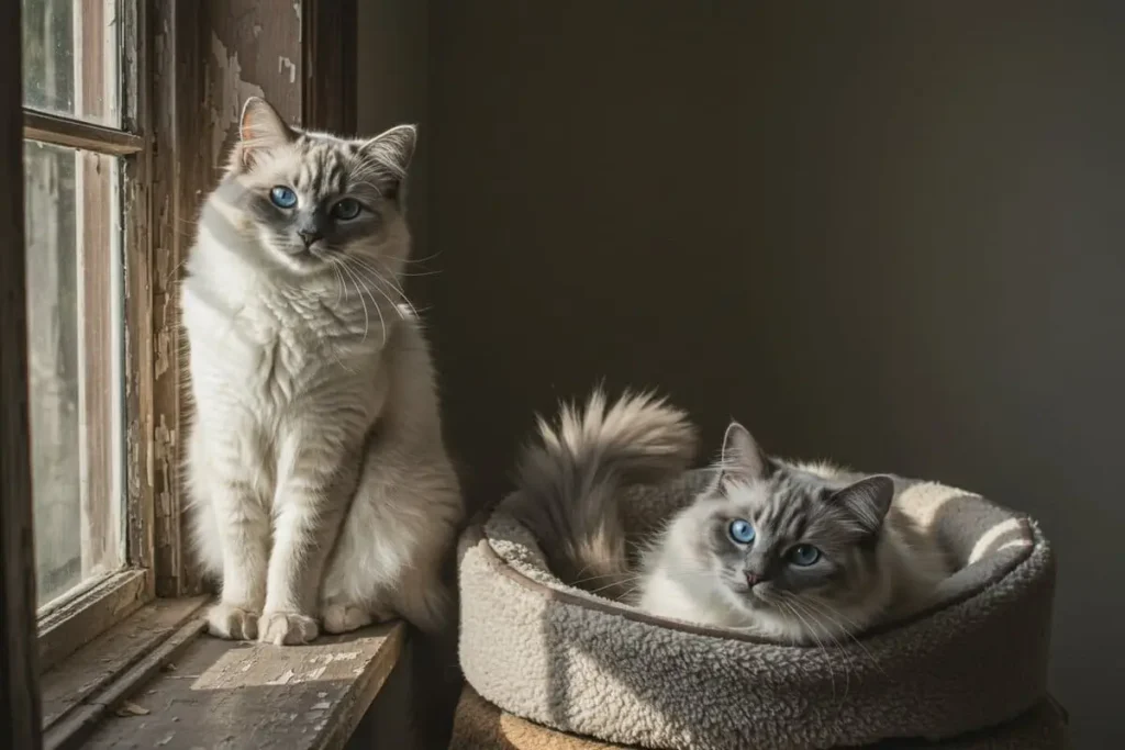 Blue Point Ragdoll cat with blue-gray points and cream-colored body.