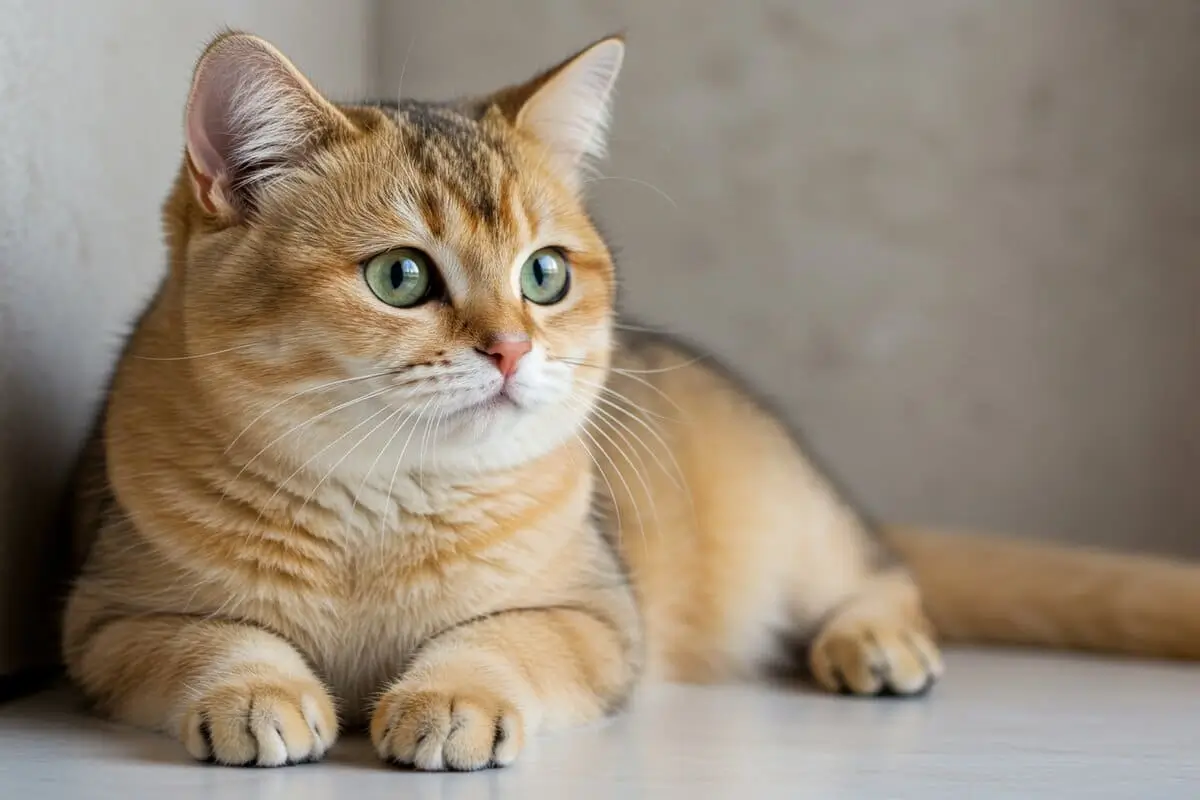 A close-up of a British Shorthair Golden cat with a shiny golden coat and round amber eyes, sitting on a soft surface.